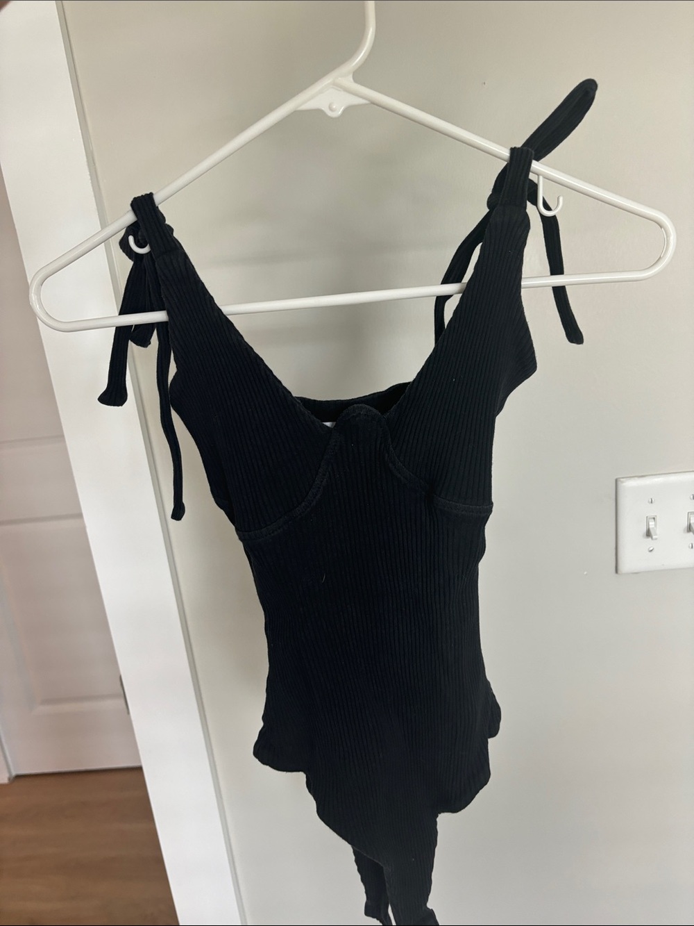Black Ribbed Tie-Shoulder Women’s Bodysuit